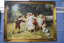 Contemporary Continental School, Children in 19th century clothes, playing by a picnic table, oil on