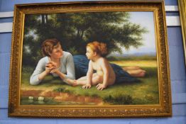 Contemporary Continental School, mother holding an apple on a riverbank with a child, oil on