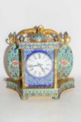 Contemporary brass and cloisonne mounted mantel clock of architectural form fitted with a quartz