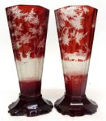 Pair of 19th century Bohemian glass vases with engraved design of deer in a forest on coloured glass