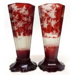 Pair of 19th century Bohemian glass vases with engraved design of deer in a forest on coloured glass