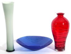 Green Art Glass tall vase, blue bowl & red baluster ribbed example (3) tallest 50cm high