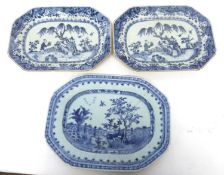 Three 18th century Chinese dishes, all with blue and white design Chinese figures (a/f) (3)