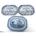 Three 18th century Chinese dishes, all with blue and white design Chinese figures (a/f) (3)