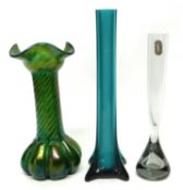 Group of coloured glass vases including a green Loetz style Art Nouveau lustre vase, further