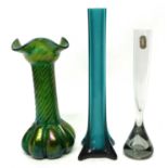 Group of coloured glass vases including a green Loetz style Art Nouveau lustre vase, further