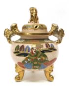 Japanese porcelain Koro decorated with enamels with a Japanese warrior, the cover with Dog of Fo