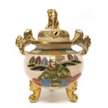 Japanese porcelain Koro decorated with enamels with a Japanese warrior, the cover with Dog of Fo