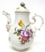 19th century Continental porcelain small pot and cover with mask terminal to spout, (broken and re-