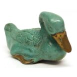 Oriental metal bronze figure of a duck with green painted decoration