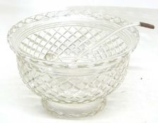 Large cut glass punch bowl with glass ladle (riveted repair to ladle), 34cm diam
