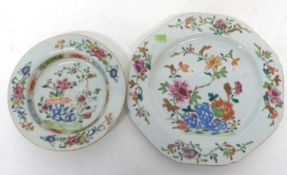 18th century Chinese porcelain octagonal plate with famille rose decoration together with a small