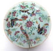 Cantonese porcelain dish, the celadon ground with enamel decoration of butterflies and birds, 25cm