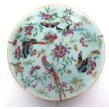 Cantonese porcelain dish, the celadon ground with enamel decoration of butterflies and birds, 25cm