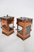 Pair of 19th century copper oil fired lanterns with turned wooden carrying handles, bearing plates