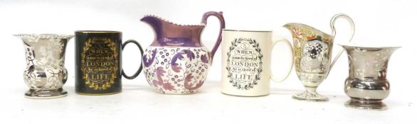 Group of Wedgwood lustre wares after designs by Louise Powell and two Samuel Johnson mugs