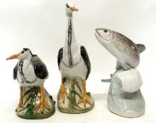 Two wading birds and a model of a fish, all by Brenda Dennis, with monogram to base (30