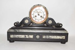 Victorian black slate and grey marble cased mantel clock with enamelled face with Roman numerals