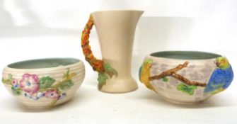 Group of Clarice Cliff wares including a bowl with moulded budgerigars, further ribbed bowl with