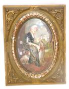 Painted oval plaque on metal, of a lady sewing, within a gilt scroll frame