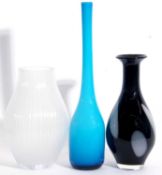 Group of three Art Glass vases, various designs, one white, one pale blue, one dark blue