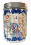 18th century Chinese export tankard with blue and white design with polychrome figures and white
