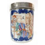 18th century Chinese export tankard with blue and white design with polychrome figures and white