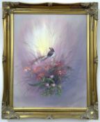 ** White (British, 20th Century), A Horned Lark perched on flowers, oil on canvas, framed, signed.
