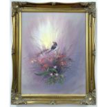 ** White (British, 20th Century), A Horned Lark perched on flowers, oil on canvas, framed, signed.