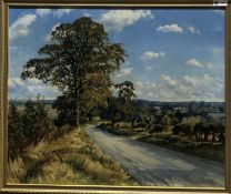 Wilfred Pettitt (British, 1904-1978), A country lane under blue sky , Oil on canvas, signed.20 x