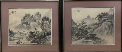 A pair of chinese landscapes in the style of Shi Tao (Chinese, 17th Century), ink and brown wash,