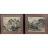 A pair of chinese landscapes in the style of Shi Tao (Chinese, 17th Century), ink and brown wash,