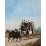 British, Late 19th Century, A crowded stagecoach along a turnpike, oil on canvas, indistinctly