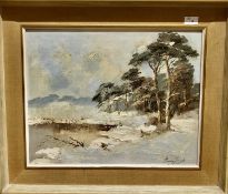A winter landscape surrounded by woodland, oil on canvas, indistinctly signed16.5 x 20 ins