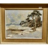 A winter landscape surrounded by woodland, oil on canvas, indistinctly signed16.5 x 20 ins