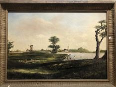Late 19th/Early 20th Century Landscape of River Bathers with Parish and Windmill beyond, oil on