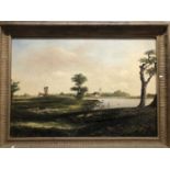 Late 19th/Early 20th Century Landscape of River Bathers with Parish and Windmill beyond, oil on