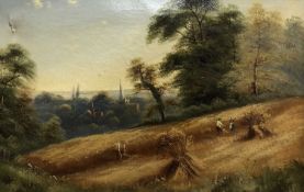 C. F. Watson (British, 19th Century), Landscape with harvesters overlooking a village church, oil on