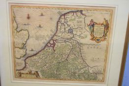 Abrahami Ortelii, hand coloured engraved map of Belgii Veteris, 39 x 84cm