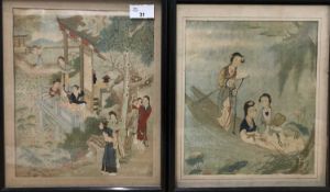 Two late 19th Century Chinese silk prints, depicting court figures and a second of figures in a