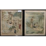 Two late 19th Century Chinese silk prints, depicting court figures and a second of figures in a