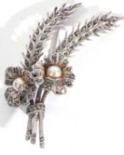 Vintage hallmarked silver and marcasite floral spray brooch, highlighted with two cultured pearls,