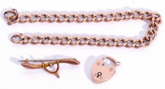 Mixed Lot: 9ct stamped curb link chain, 7.4gms, a Victorian engraved heart padlock, together with
