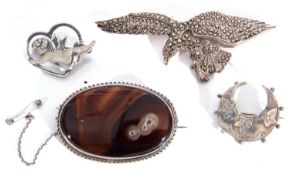 Mixed Lot: Victorian silver crescent brooch, Birmingham 1887, a large marcasite eagle brooch stamped