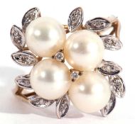 9ct gold cultured pearl and small diamond ring featuring four cultured pearls raised above small