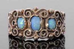 Opal three stone ring, the ornate filigree carved style gallery with three small graduated