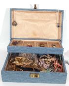 Blue jewellery box and contents to include earrings, brooches, necklaces etc