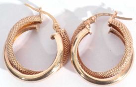 Pair of Brev Italian design hoop earrings, a plain and textured entwined design, stamped 375 and