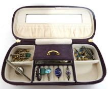 Purple suede jewellery case to include small amount of costume rings, chains, lockets