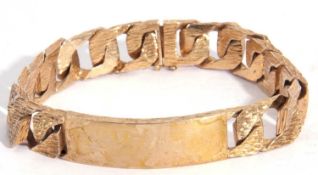 9ct gold I.D. bracelet, rectangular shaped blank panel joined with textured bark effect bracelet,